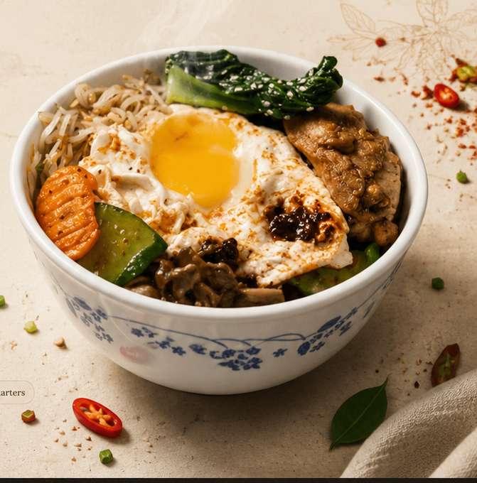 A steaming bowl of wok noodles with a fried egg, greens and chilli